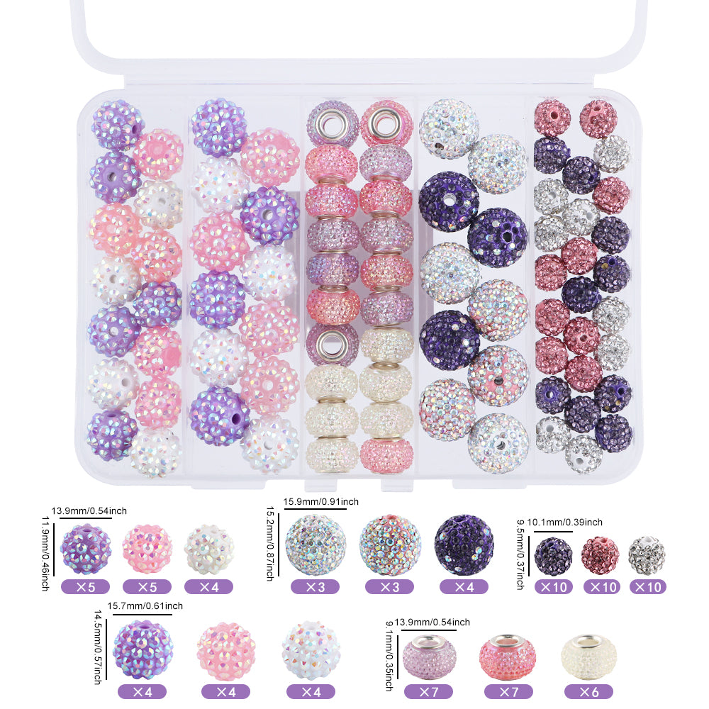 86PCS Boxed Bead Set 15.7mm/14mm Acrylic Bubble Gum Bead, 16mm/10mm Rhinestone Round Bead, 14mm Spacers