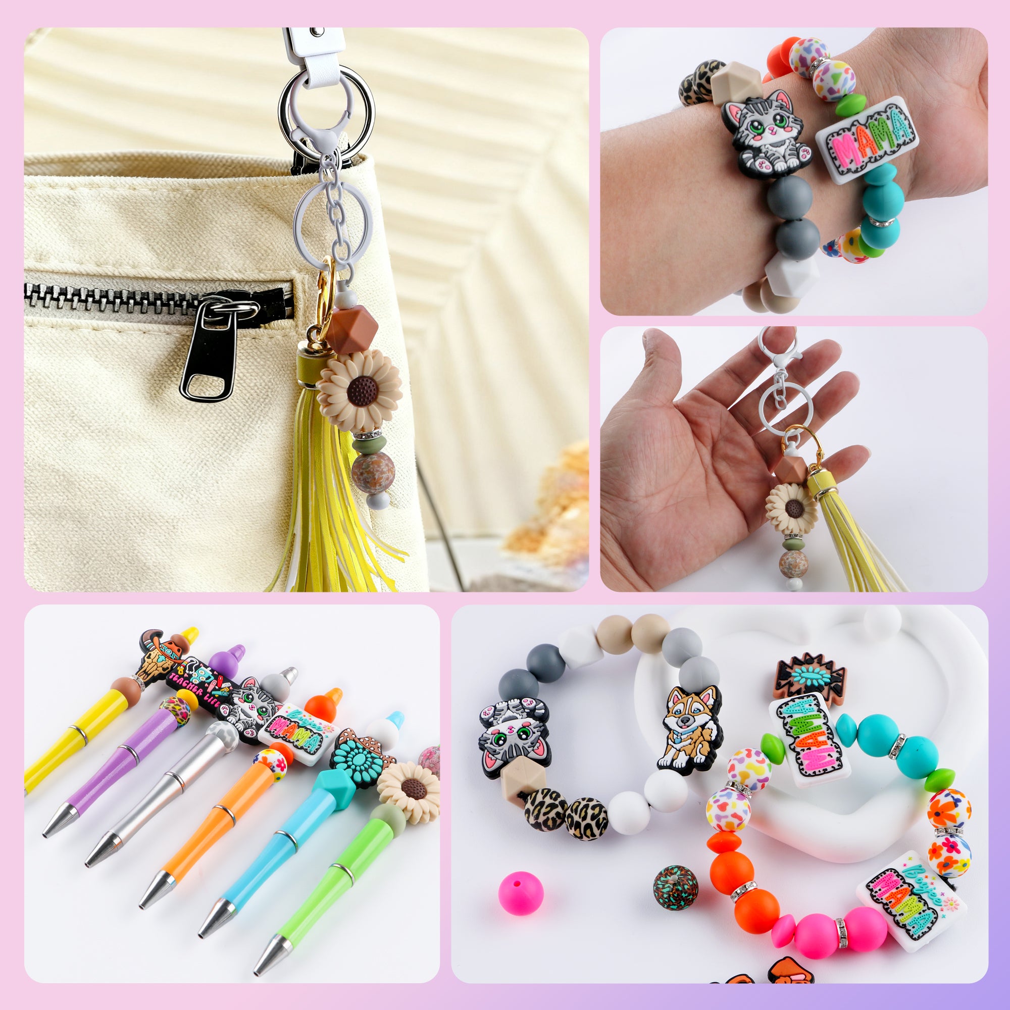 82PCS Boxed Bead Set, Focal Mixed Solids, MAMA, SUnflower, Teacher, Cat Dog, Cow Head