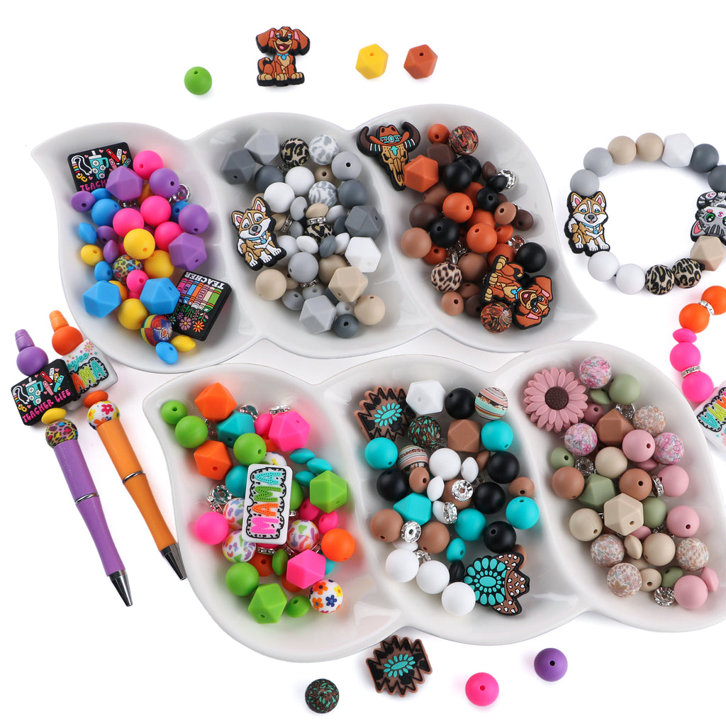 82PCS Boxed Bead Set, Focal Mixed Solids, MAMA, SUnflower, Teacher, Cat Dog, Cow Head