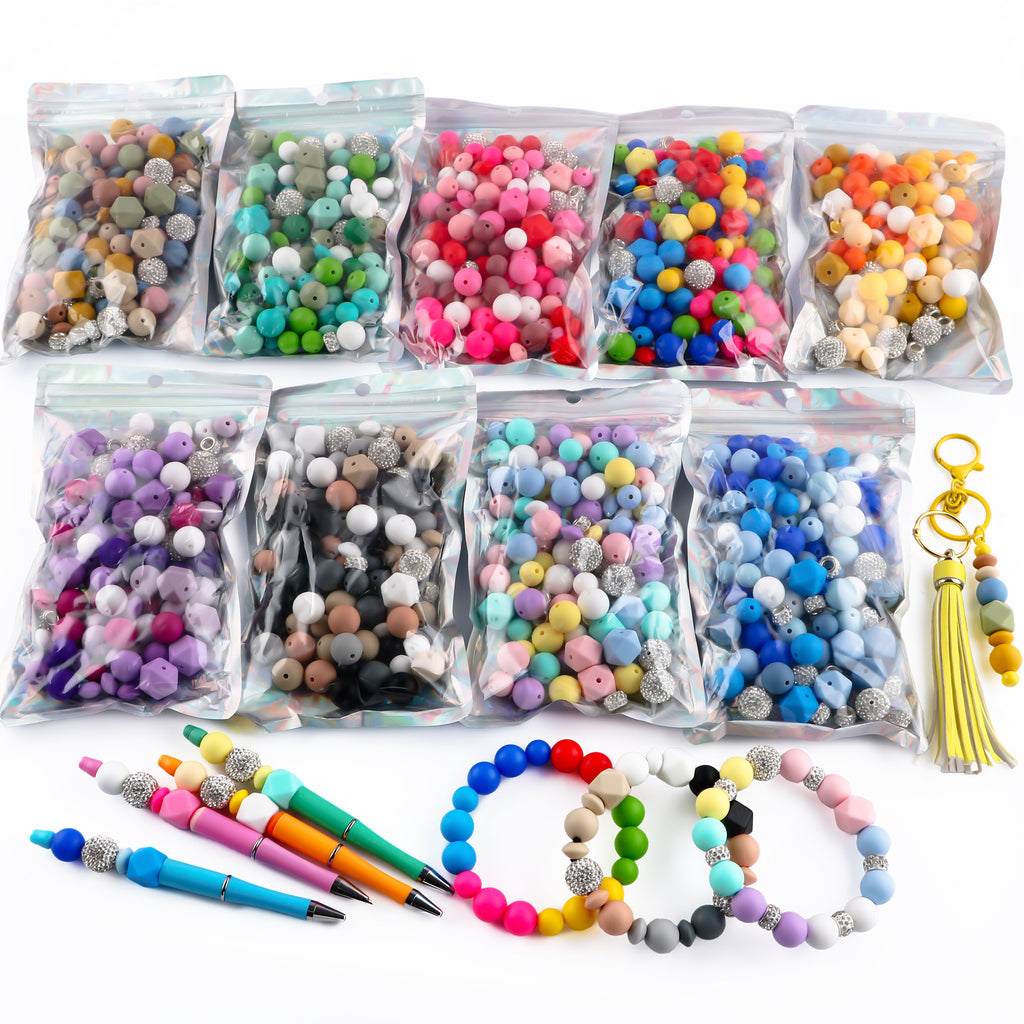 110PCS/Bag Bead Set, Rhinestone Round Bead&Spacer, Silicone Hexagon, Round bead, Lentil