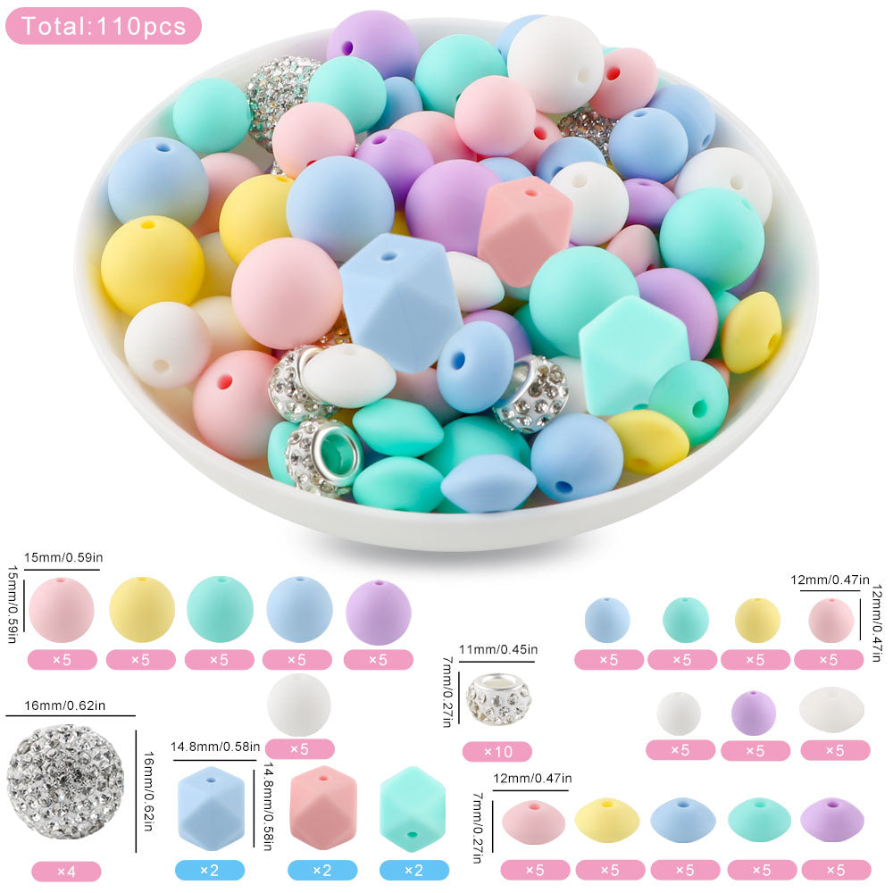 110PCS/Bag Bead Set, Rhinestone Round Bead&Spacer, Silicone Hexagon, Round bead, Lentil