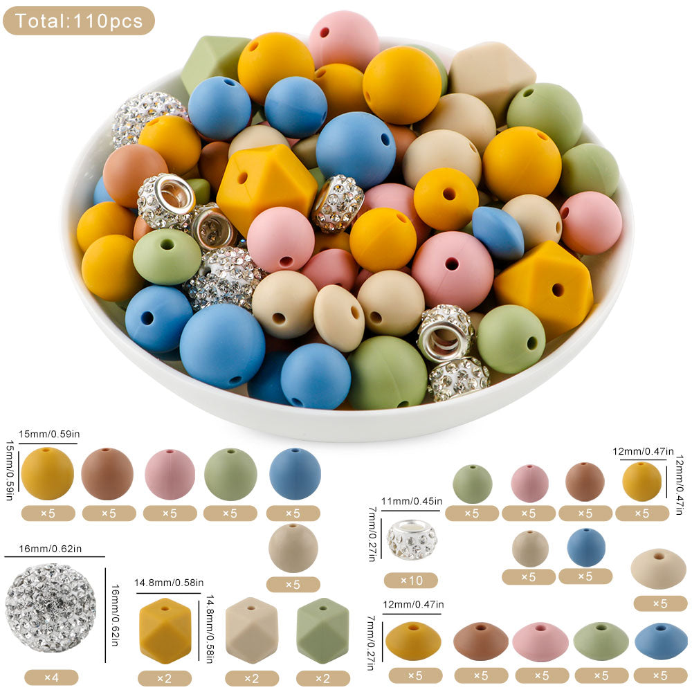 110PCS/Bag Bead Set, Rhinestone Round Bead&Spacer, Silicone Hexagon, Round bead, Lentil