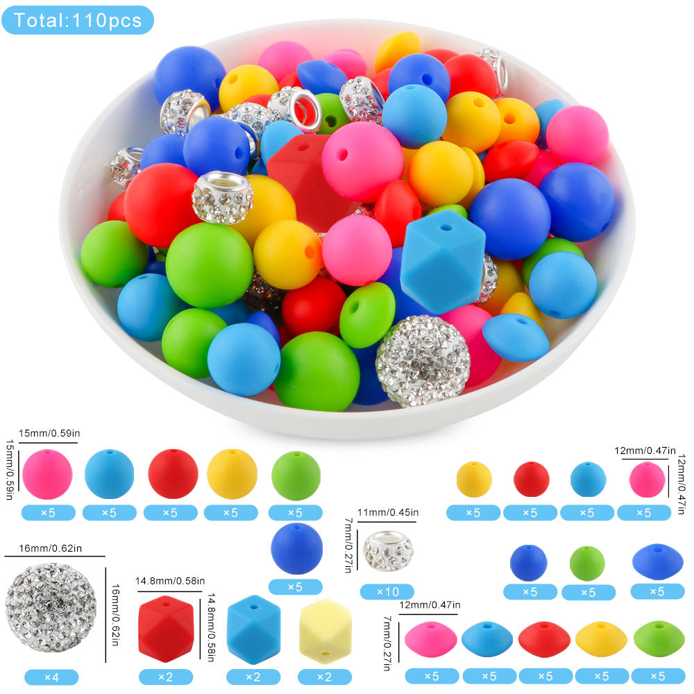 110PCS/Bag Bead Set, Rhinestone Round Bead&Spacer, Silicone Hexagon, Round bead, Lentil