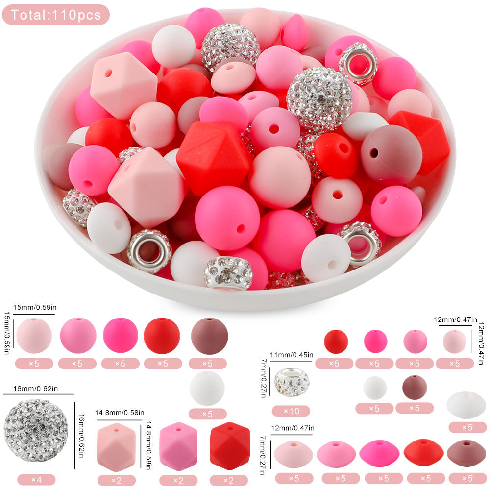 110PCS/Bag Bead Set, Rhinestone Round Bead&Spacer, Silicone Hexagon, Round bead, Lentil