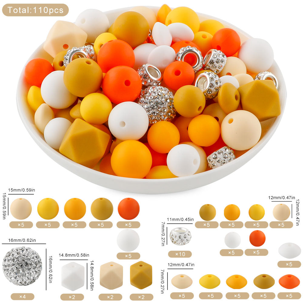 110PCS/Bag Bead Set, Rhinestone Round Bead&Spacer, Silicone Hexagon, Round bead, Lentil