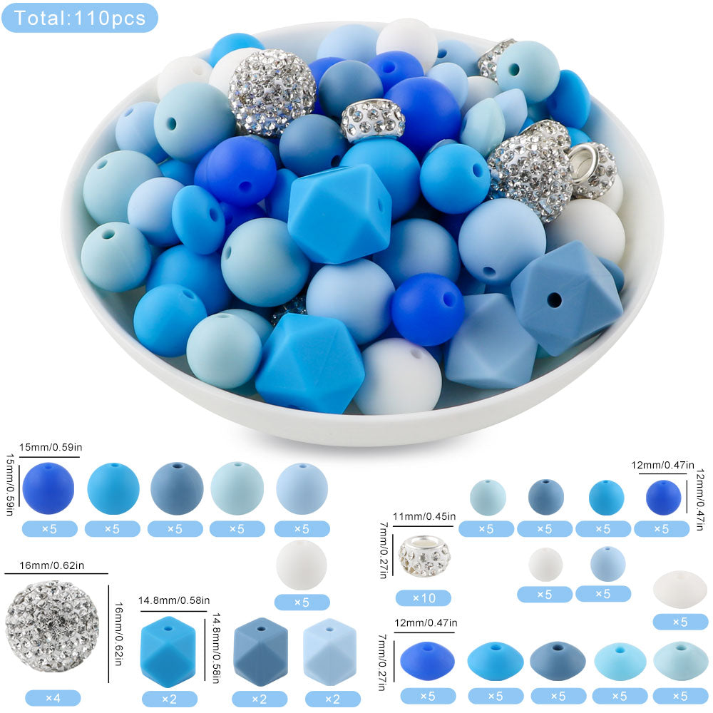 110PCS/Bag Bead Set, Rhinestone Round Bead&Spacer, Silicone Hexagon, Round bead, Lentil