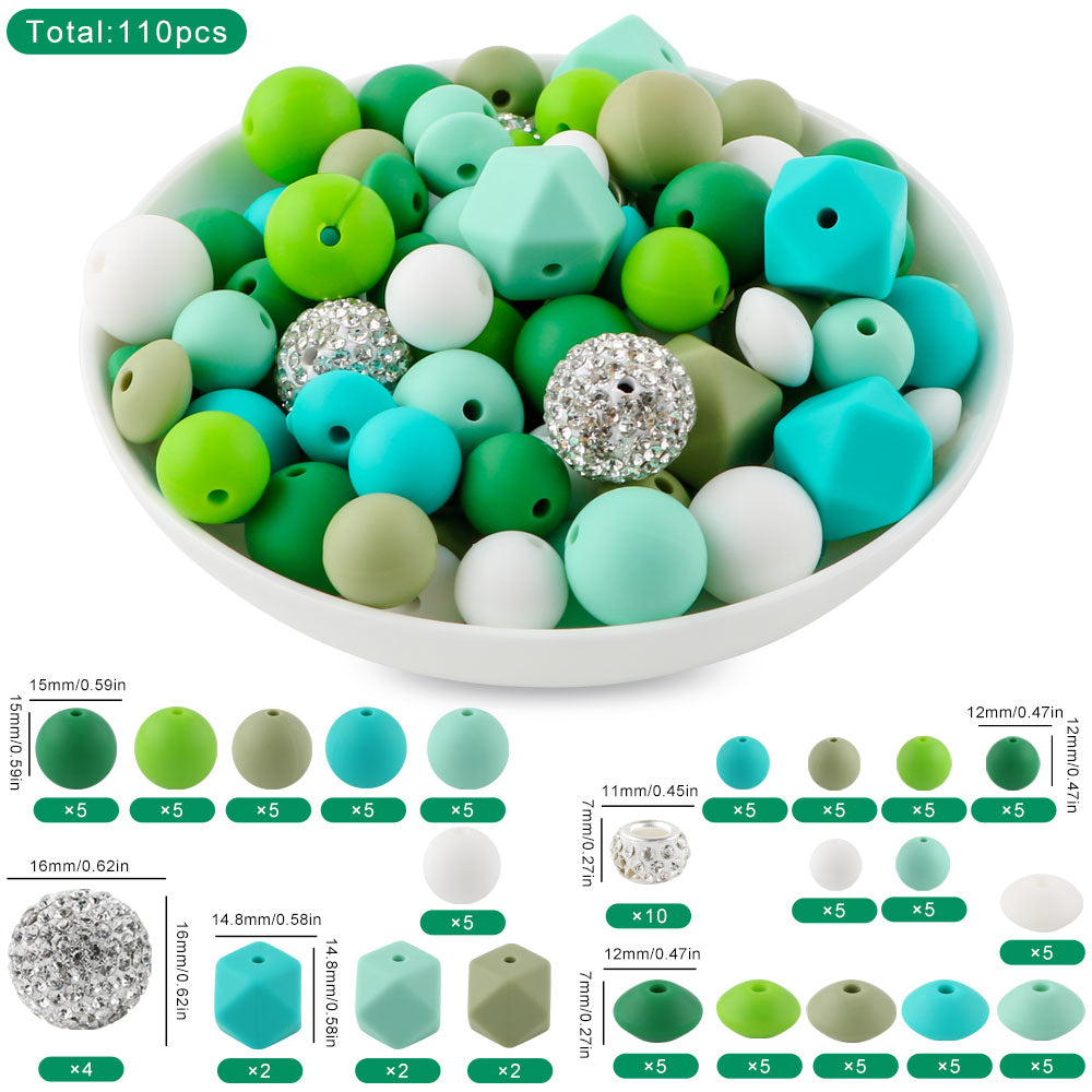 110PCS/Bag Bead Set, Rhinestone Round Bead&Spacer, Silicone Hexagon, Round bead, Lentil