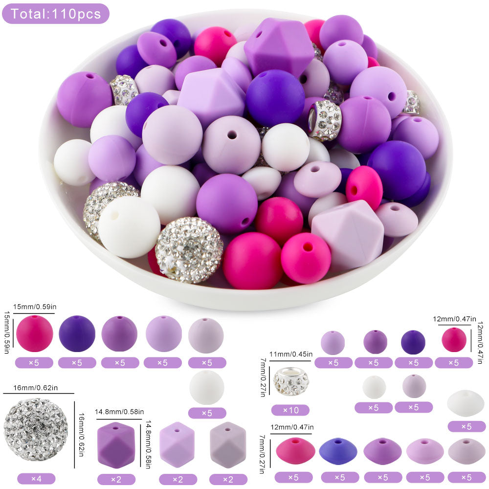 110PCS/Bag Bead Set, Rhinestone Round Bead&Spacer, Silicone Hexagon, Round bead, Lentil