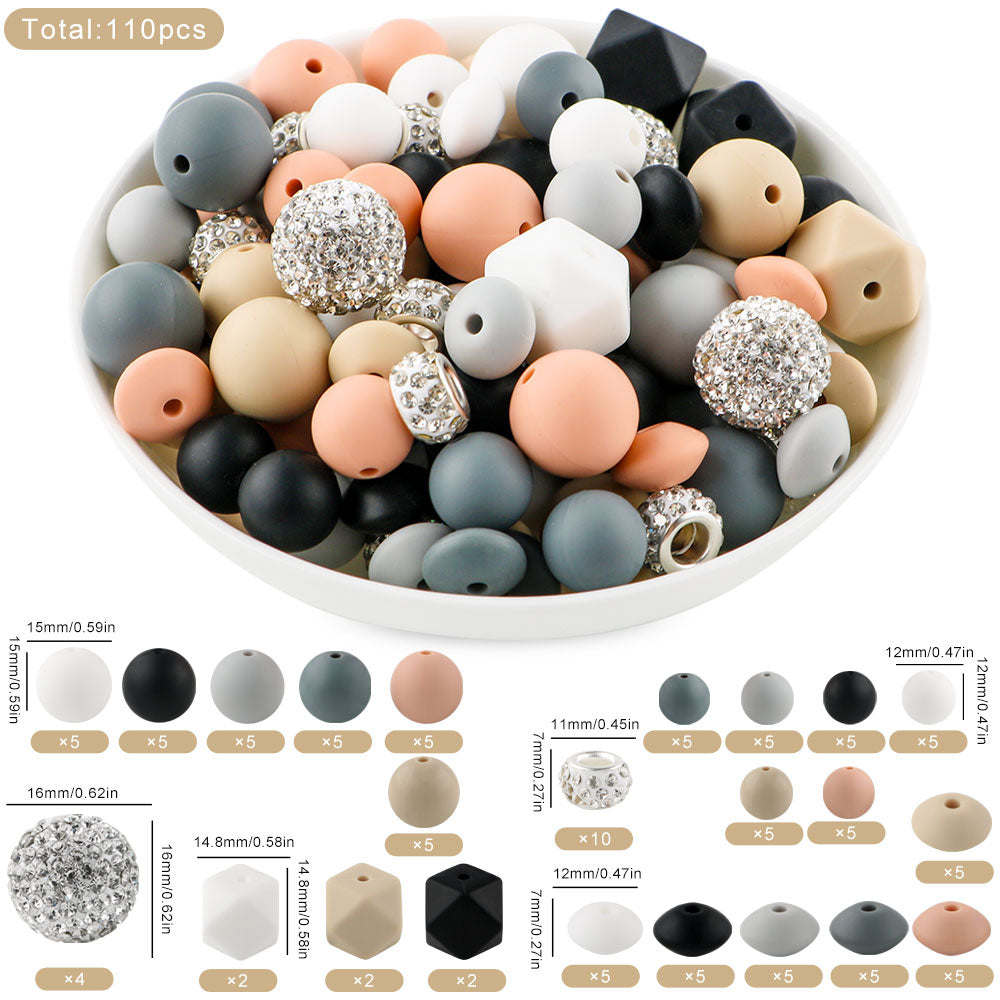 110PCS/Bag Bead Set, Rhinestone Round Bead&Spacer, Silicone Hexagon, Round bead, Lentil