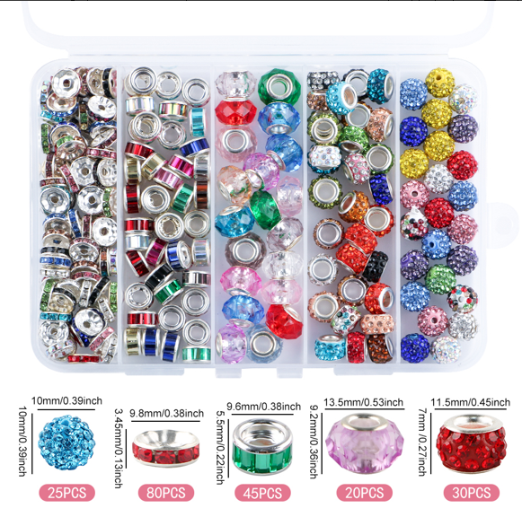200PCS Boxed Colorful Spacer of Different Styles Mixed Rhinestone Round Beads